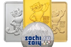 Талисманы XXII зимних Олимпийских игр на памятных монетах